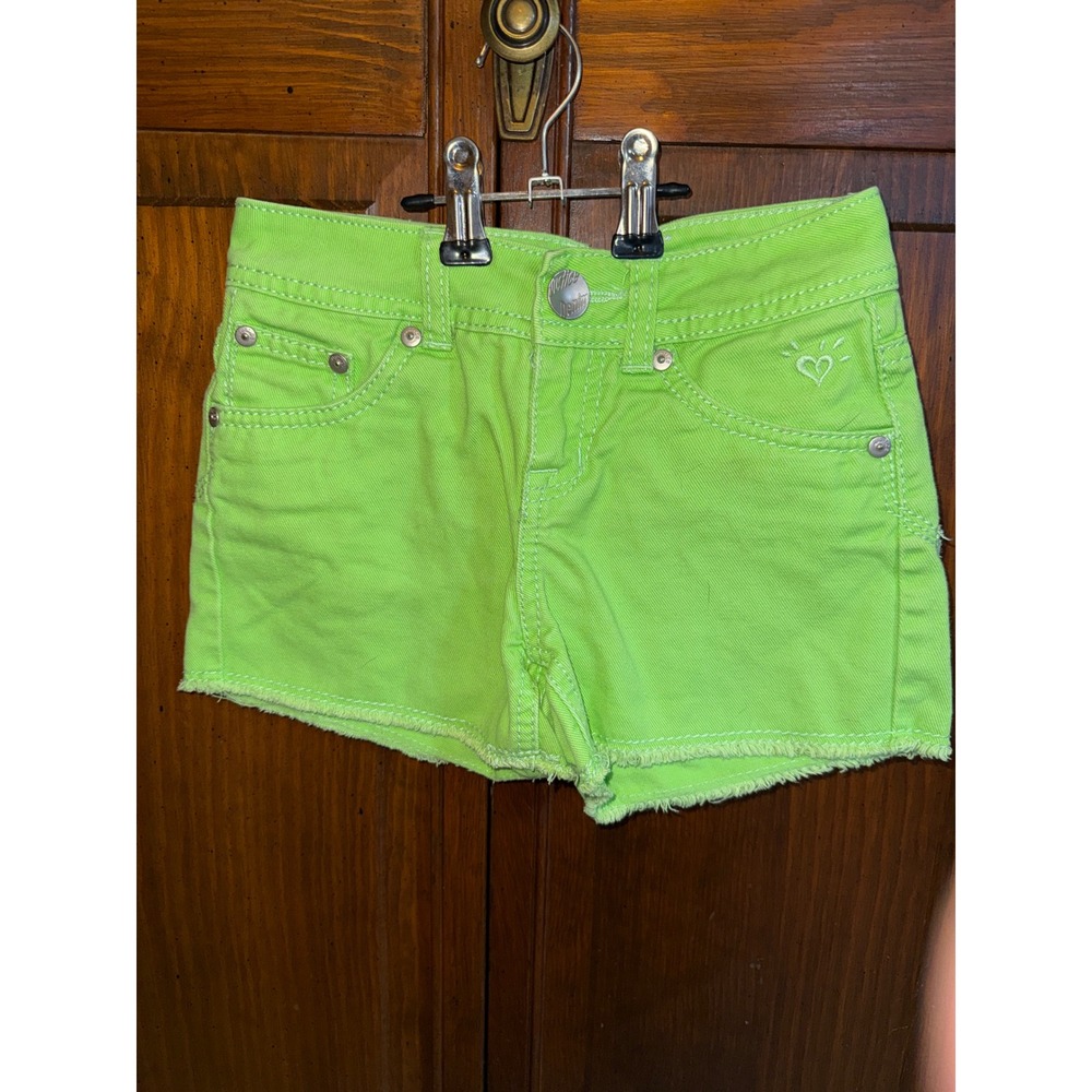 Justice Girls Neon Lime Green Denim Shorts Raw Hem Simply Low Size 7R